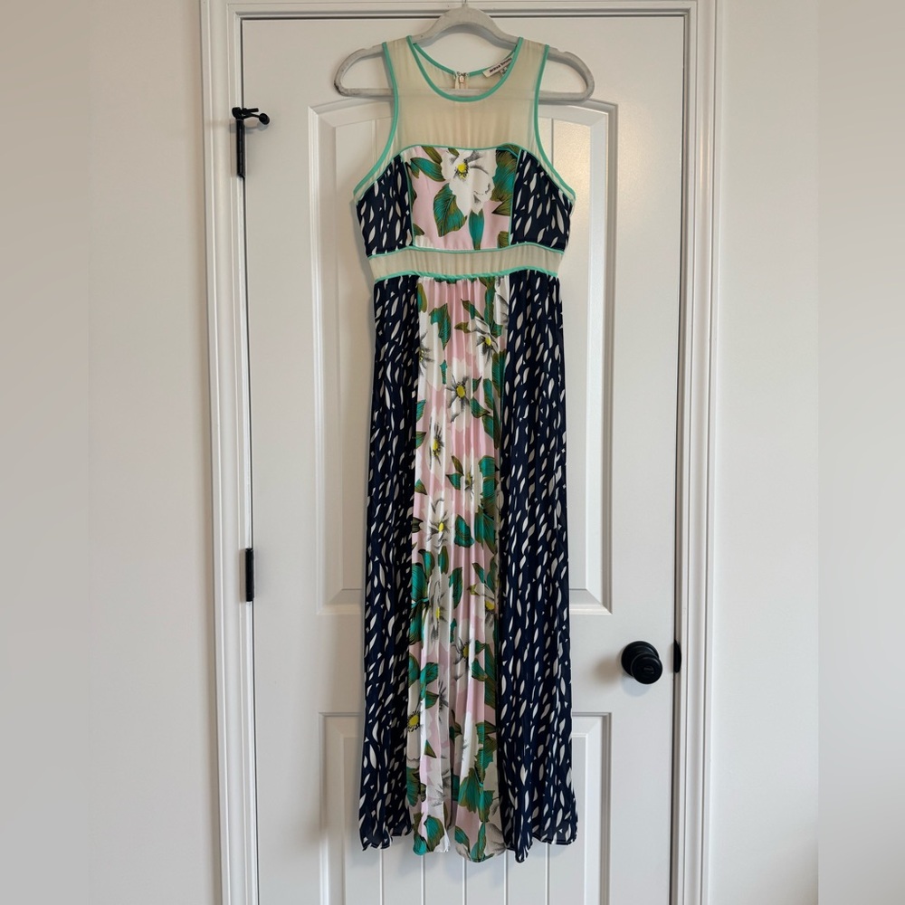 Jealous Tomato Size Small Maxi Dress. Navy blue, cream & pink floral. Sheer back